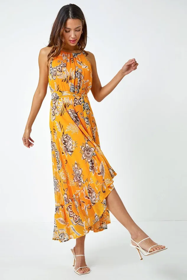 Women Yellow Sleeveless Floral Halter Neck Midi Dress Roman Dresses