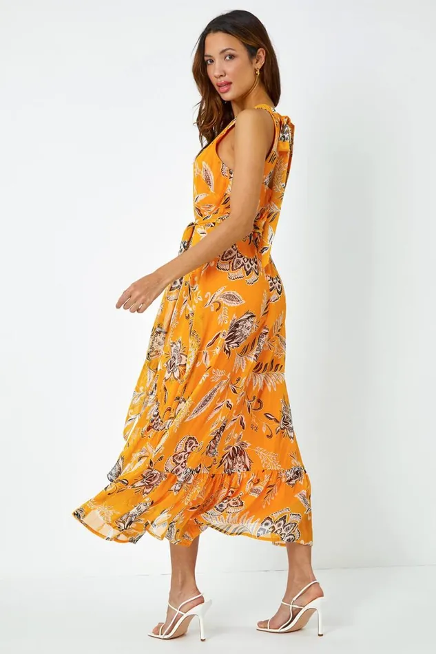 Women Yellow Sleeveless Floral Halter Neck Midi Dress Roman Dresses