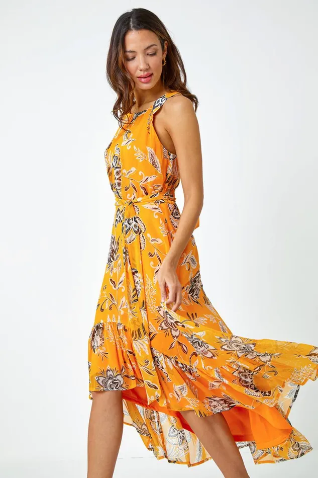 Women Yellow Sleeveless Floral Halter Neck Midi Dress Roman Dresses