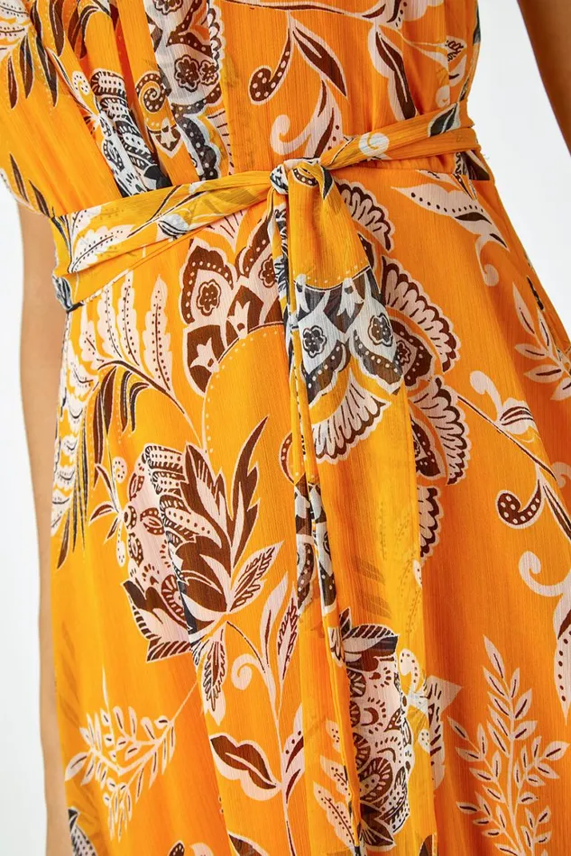 Women Yellow Sleeveless Floral Halter Neck Midi Dress Roman Dresses