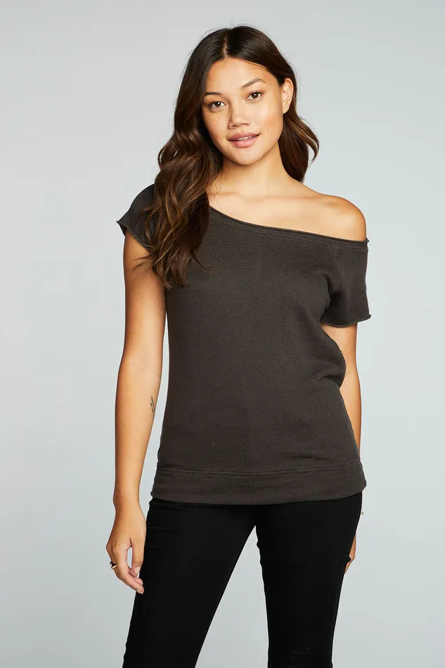 Womens Chaser Brand Linen French Terry Off The Shoulder Raglan Cap Sleeve Pullover Tops