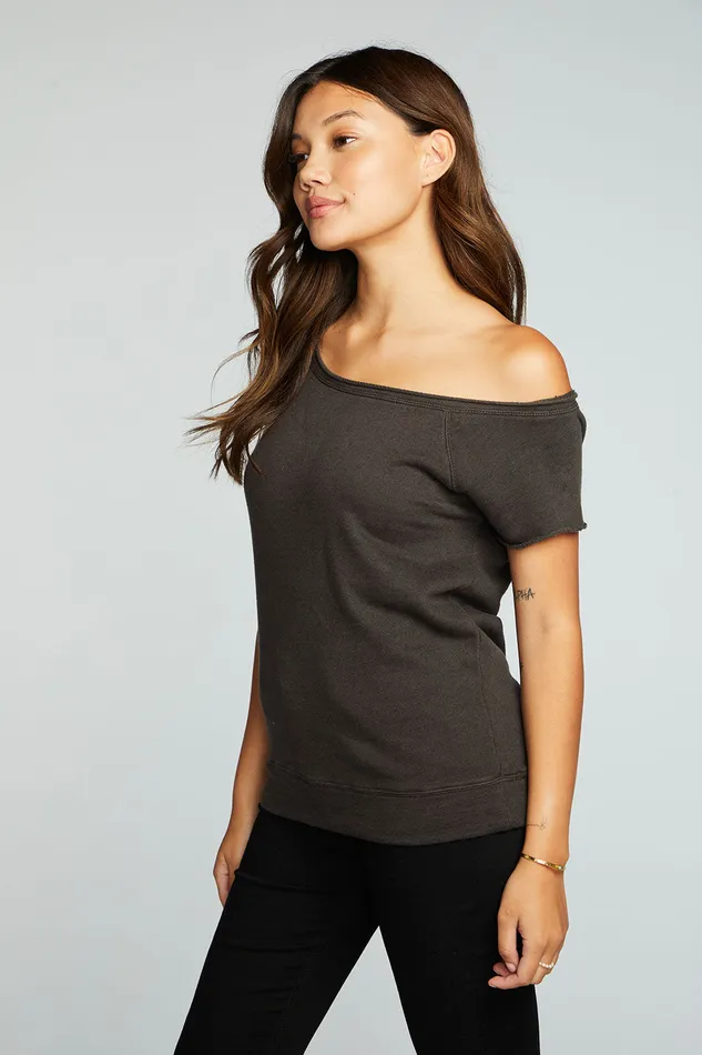Womens Chaser Brand Linen French Terry Off The Shoulder Raglan Cap Sleeve Pullover Tops