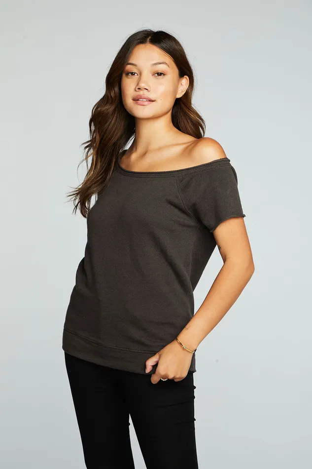 Womens Chaser Brand Linen French Terry Off The Shoulder Raglan Cap Sleeve Pullover Tops