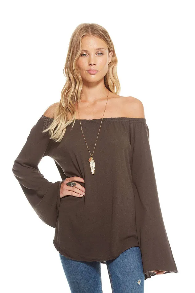 Womens GAUZY COTTON JERSEY SMOCKED OFF SHOULDER BELL SLEEVE TOP Loungewear Chaser Brand