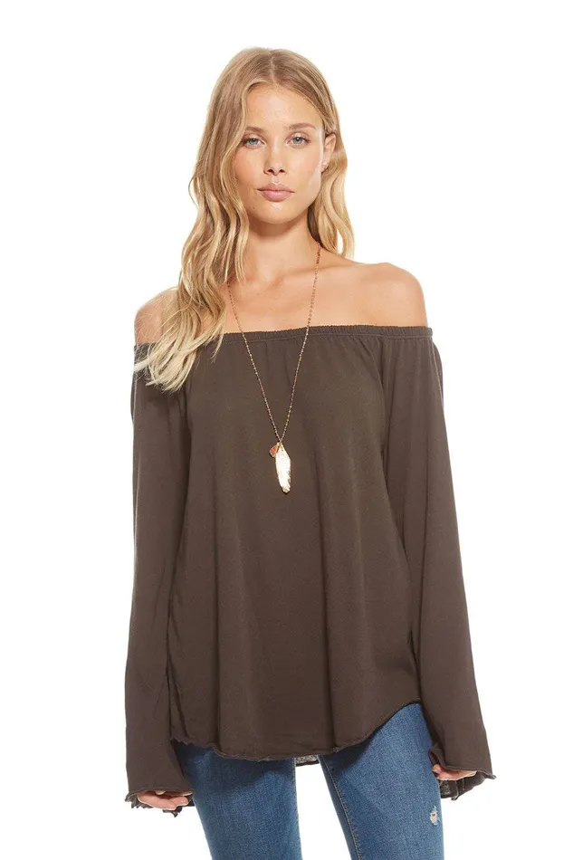 Womens GAUZY COTTON JERSEY SMOCKED OFF SHOULDER BELL SLEEVE TOP Loungewear Chaser Brand