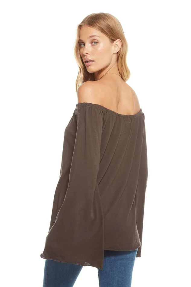 Womens GAUZY COTTON JERSEY SMOCKED OFF SHOULDER BELL SLEEVE TOP Loungewear Chaser Brand