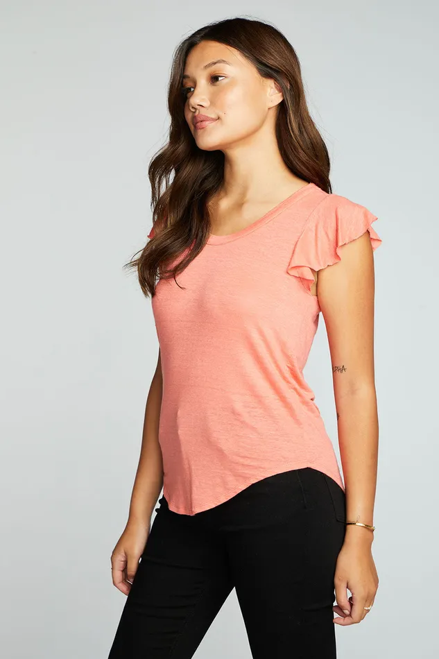 Womens Linen Jersey Scoop Neck Flutter Sleeve Shirttail Tee Tops Chaser Brand