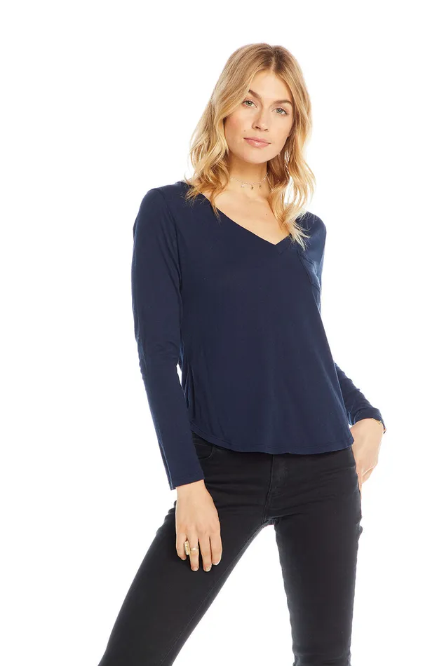 Womens Loungewear Chaser Brand Cotton Basics Long Sleeve V neck Seamed Back Pocket Tee
