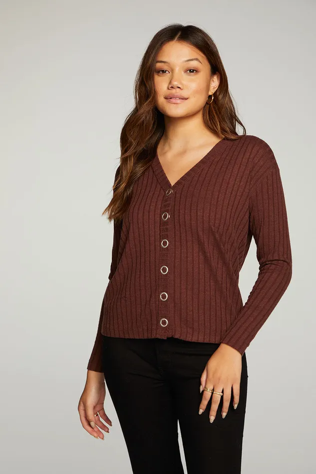 Womens Poor Boy Rib Long Sleeve Button Down Tee Tops Chaser Brand