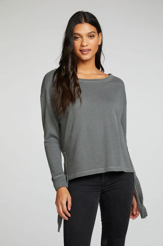 Womens Tops Chaser Brand Linen French Terry Long Sleeve Drop Shoulder Side Tie Pullover Womens Tops Chaser Brand Linen French Terry Long Sleeve Drop Shoulder Side Tie Pullover