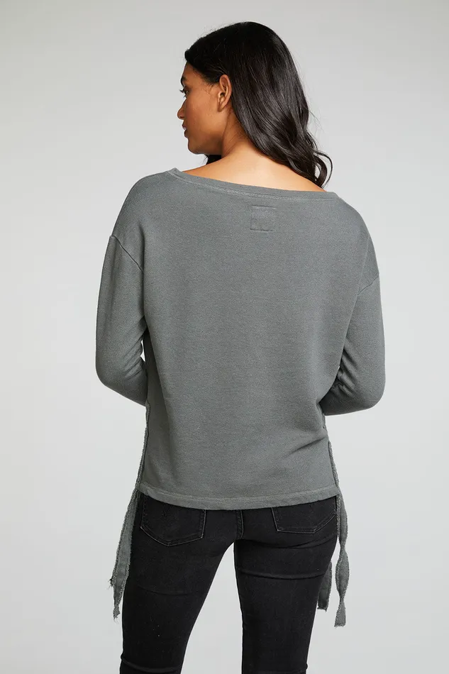 Womens Tops Chaser Brand Linen French Terry Long Sleeve Drop Shoulder Side Tie Pullover