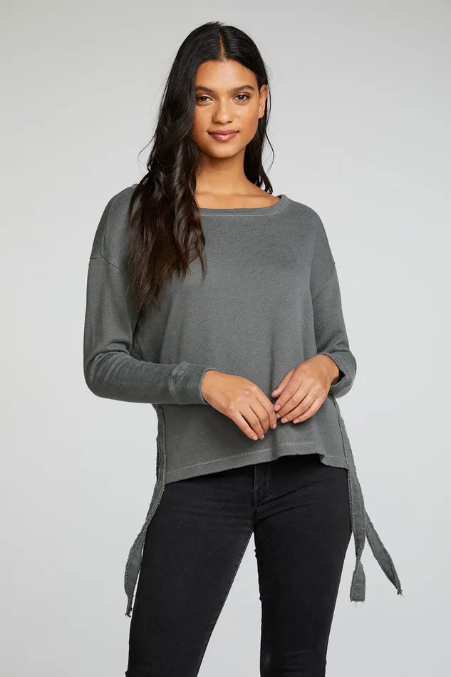 Womens Tops Chaser Brand Linen French Terry Long Sleeve Drop Shoulder Side Tie Pullover