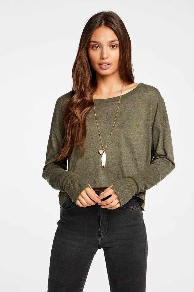 Womens Triblend Jersey Cropped Open Neck Long Sleeve Thumbhole Tee Loungewear Chaser Brand