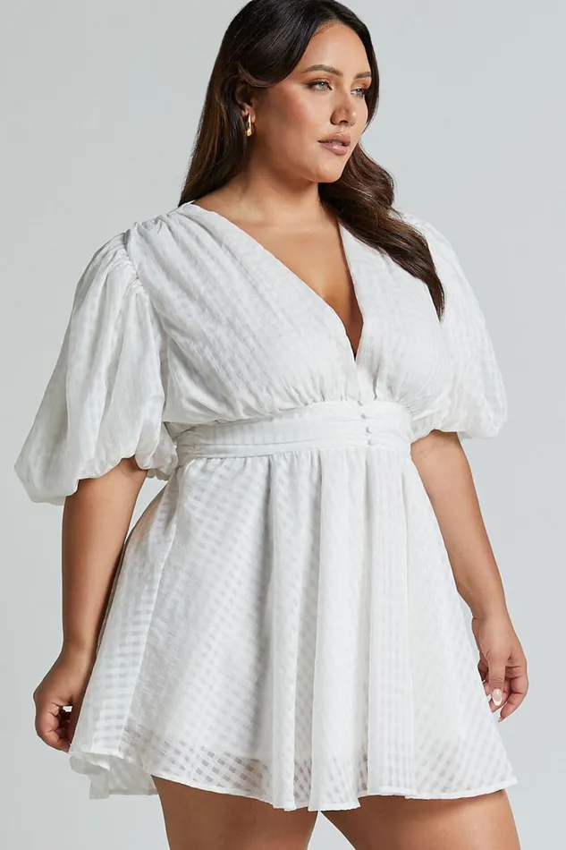 Xandy Mini Dress 8211 Textured Puff Sleeve Plunge Dress In White Women Showpo Curve Clothes