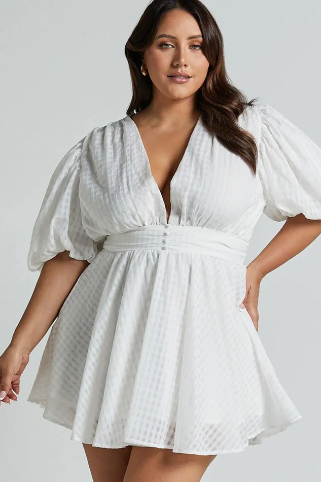 Xandy Mini Dress 8211 Textured Puff Sleeve Plunge Dress In White Women Showpo Curve Clothes