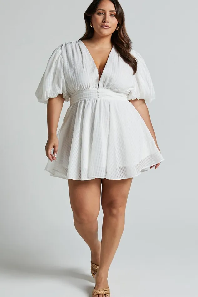 Xandy Mini Dress 8211 Textured Puff Sleeve Plunge Dress In White Women Showpo Curve Clothes
