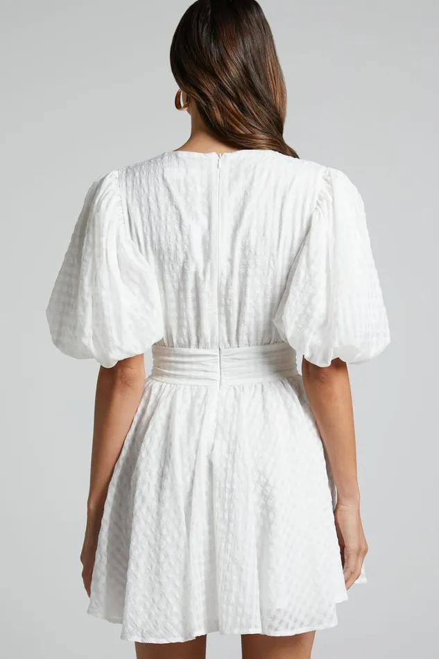 Xandy Mini Dress 8211 Textured Puff Sleeve Plunge Dress In White Women Showpo Curve Clothes