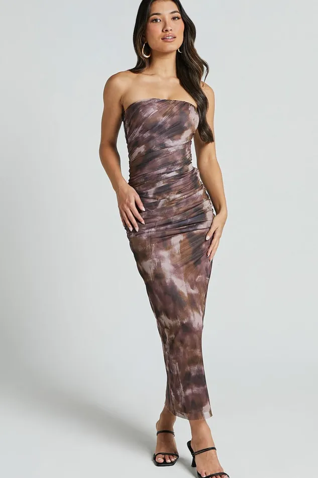 Yazmin Midi Dress 8211 Strapless Ruched Mesh Slip Dress In Rustic Haze Print Women Showpo Dresses