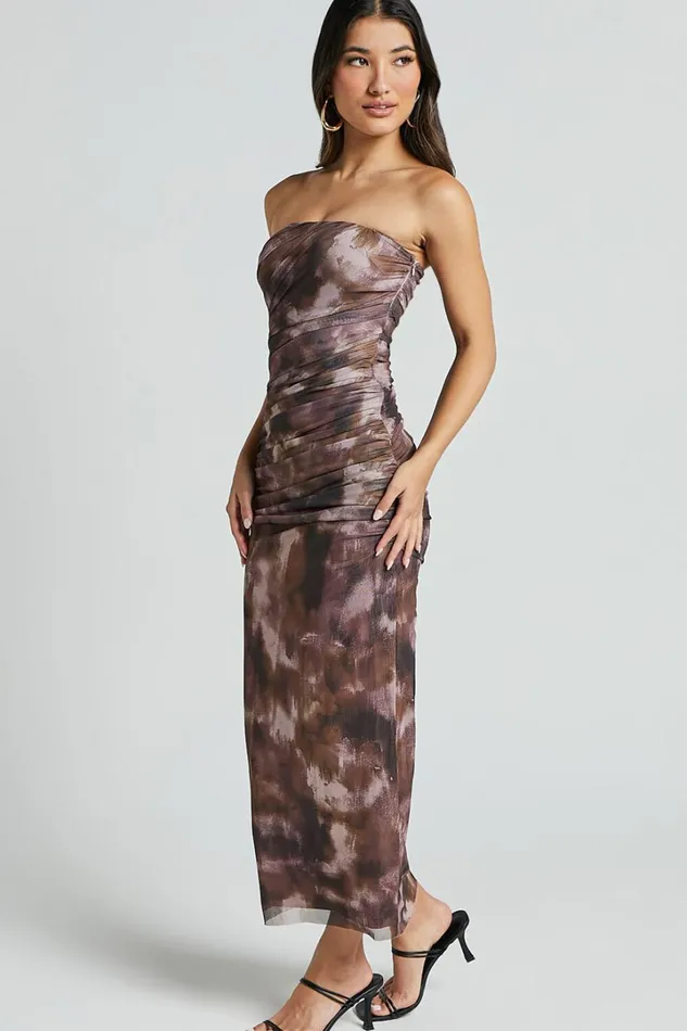 Yazmin Midi Dress 8211 Strapless Ruched Mesh Slip Dress In Rustic Haze Print Women Showpo Dresses