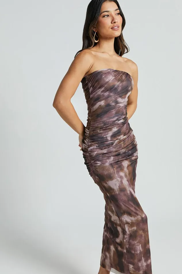 Yazmin Midi Dress 8211 Strapless Ruched Mesh Slip Dress In Rustic Haze Print Women Showpo Dresses