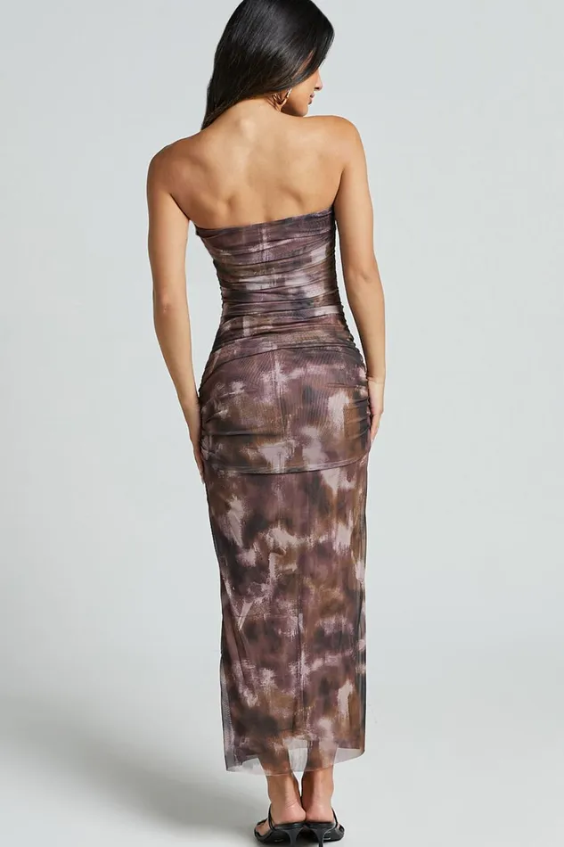 Yazmin Midi Dress 8211 Strapless Ruched Mesh Slip Dress In Rustic Haze Print Women Showpo Dresses