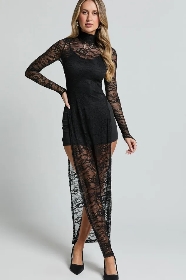 Yvette Midi Dress 8211 High Neck Long Sleeve Slip Dress In Black Women Showpo Dresses