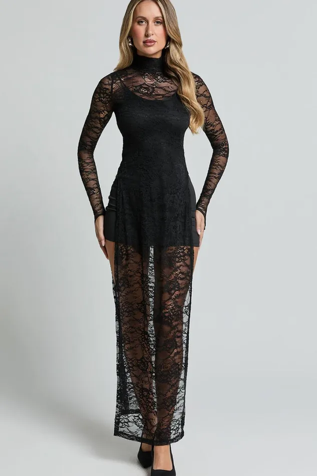 Yvette Midi Dress 8211 High Neck Long Sleeve Slip Dress In Black Women Showpo Dresses