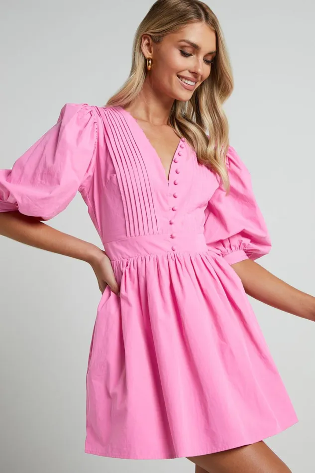 Zandra Mini Dress 8211 Puff Sleeve Poplin Dress In ICE PINK Women Showpo Curve Clothes