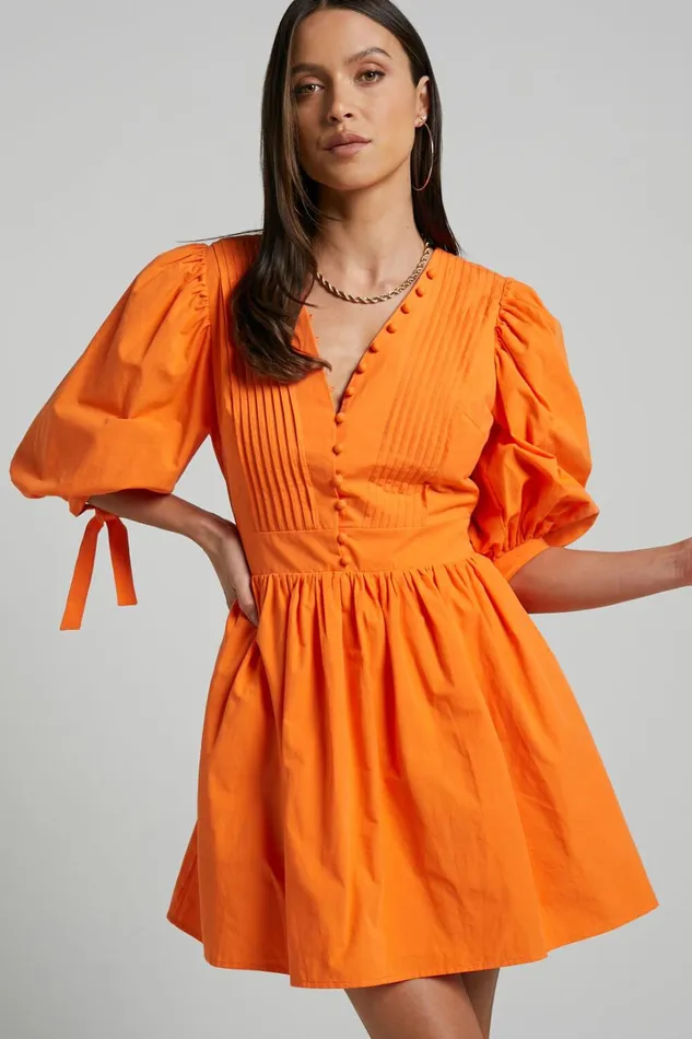 Zandra Mini Dress 8211 Puff Sleeve Poplin Dress In Orange Women Showpo Curve Clothes