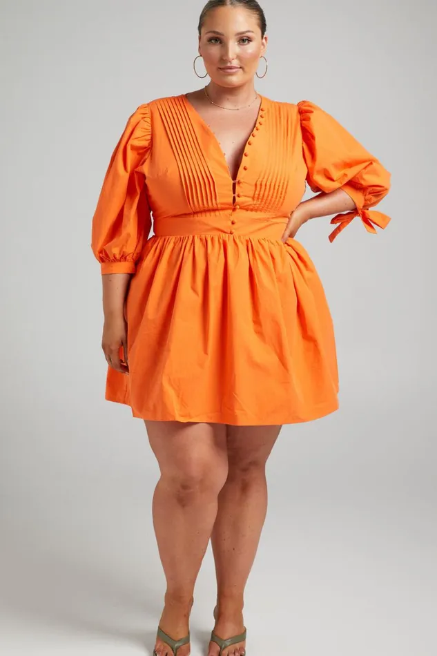 Zandra Mini Dress 8211 Puff Sleeve Poplin Dress In Orange Women Showpo Curve Clothes