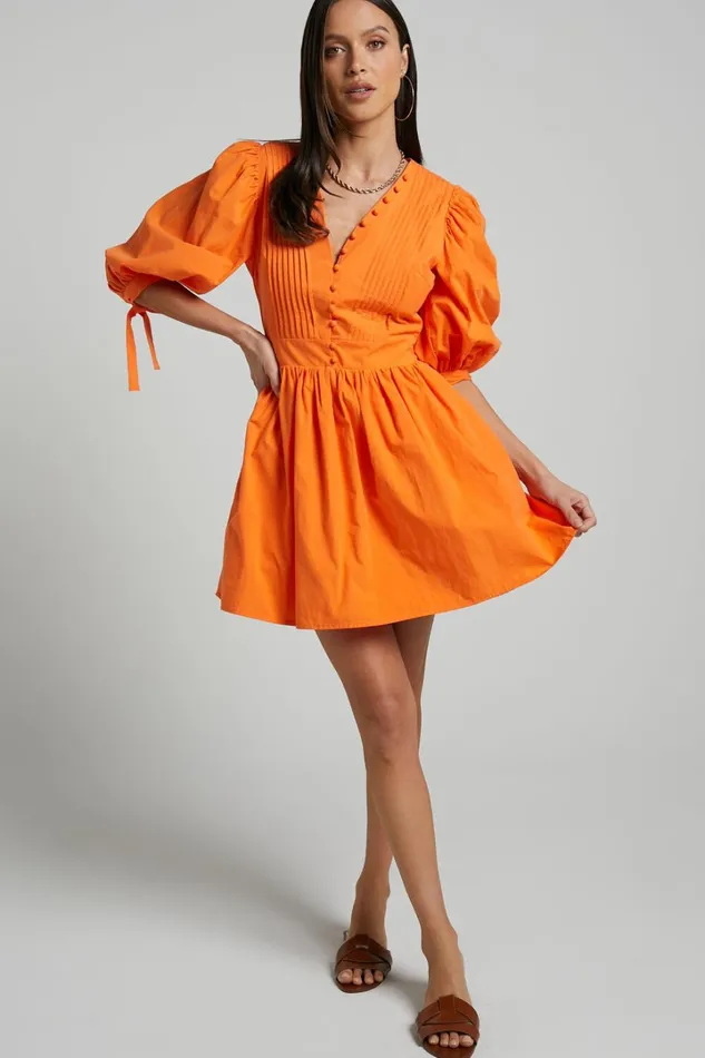 Zandra Mini Dress 8211 Puff Sleeve Poplin Dress In Orange Women Showpo Curve Clothes