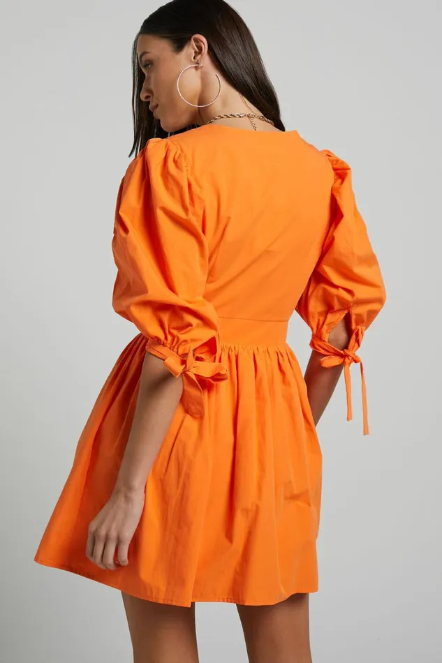 Zandra Mini Dress 8211 Puff Sleeve Poplin Dress In Orange Women Showpo Curve Clothes