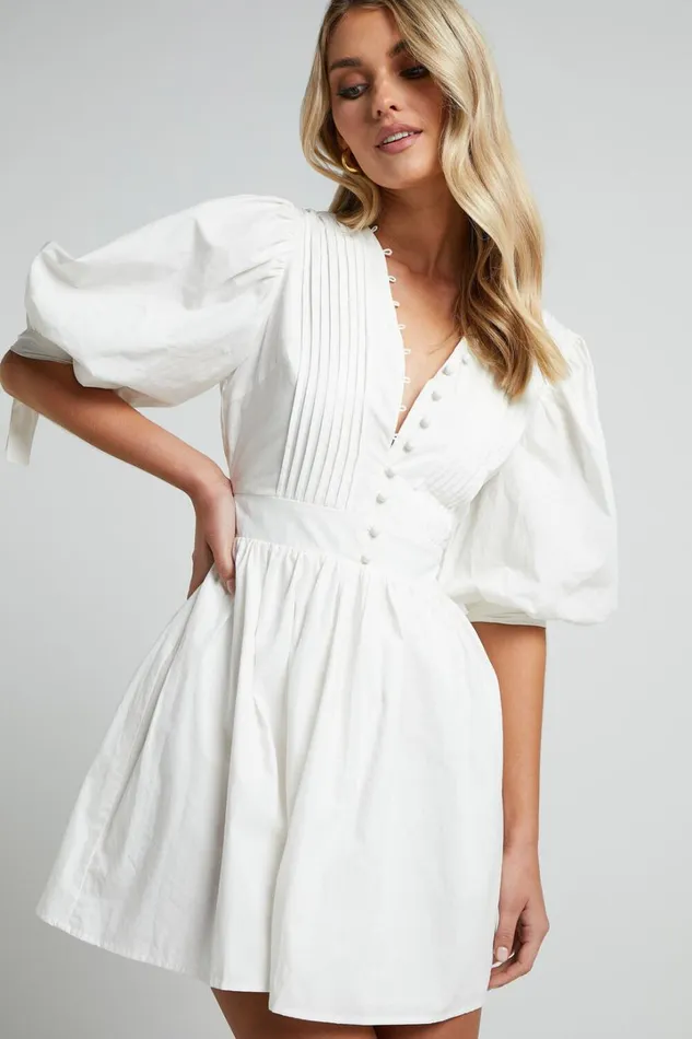 Zandra Mini Dress 8211 Puff Sleeve Poplin Dress In White Women Showpo Curve Clothes