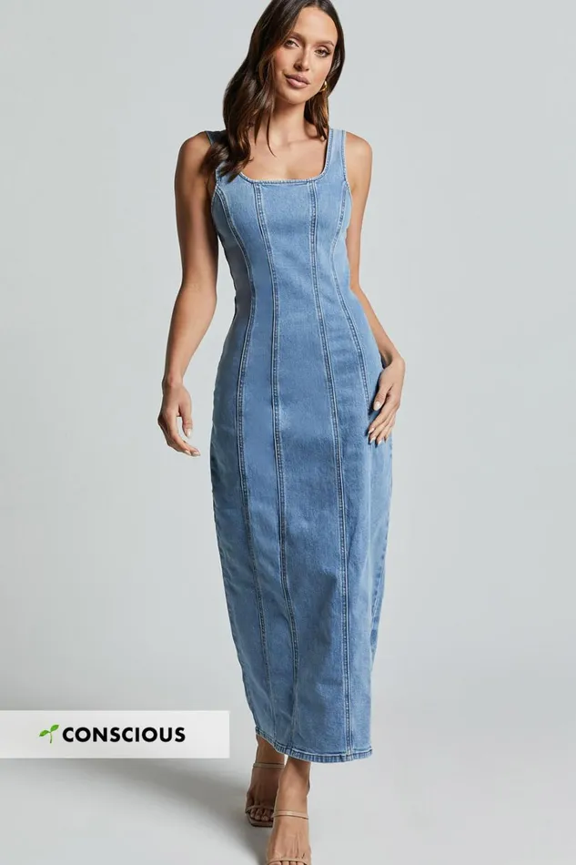 Zenith Midi Dress 8211 Wide Strap Panel Detail Recycled Denim Dress In Mid Blue Wash Women Showpo Conscious