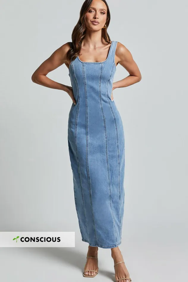 Zenith Midi Dress 8211 Wide Strap Panel Detail Recycled Denim Dress In Mid Blue Wash Women Showpo Conscious