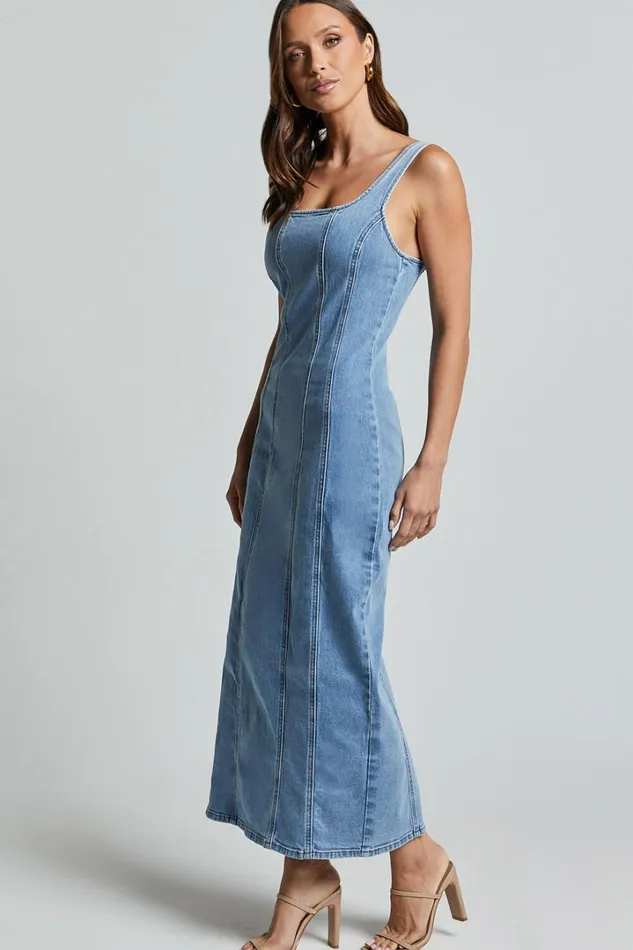 Zenith Midi Dress 8211 Wide Strap Panel Detail Recycled Denim Dress In Mid Blue Wash Women Showpo Conscious