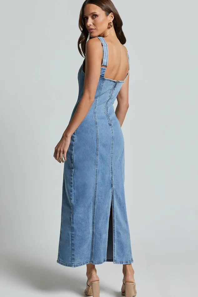 Zenith Midi Dress 8211 Wide Strap Panel Detail Recycled Denim Dress In Mid Blue Wash Women Showpo Conscious