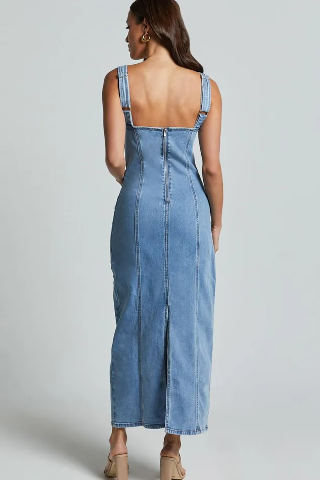 Zenith Midi Dress 8211 Wide Strap Panel Detail Recycled Denim Dress In Mid Blue Wash Women Showpo Conscious