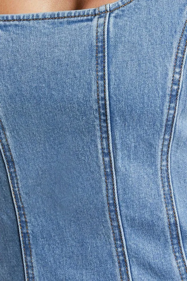 Zenith Midi Dress 8211 Wide Strap Panel Detail Recycled Denim Dress In Mid Blue Wash Women Showpo Conscious