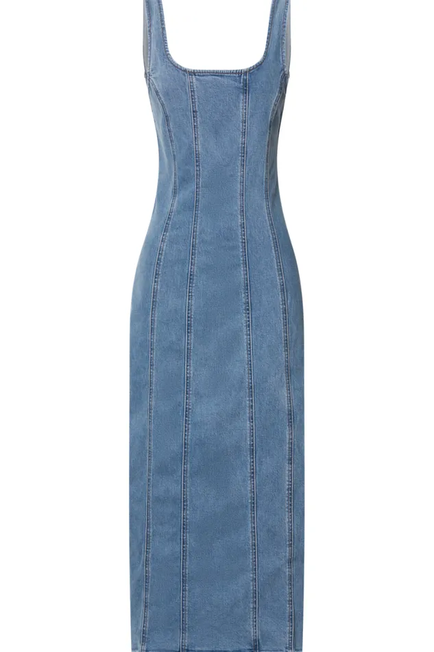 Zenith Midi Dress 8211 Wide Strap Panel Detail Recycled Denim Dress In Mid Blue Wash Women Showpo Conscious