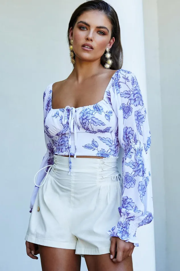 Zonya Top 8211 Tie Front Long Sleeve Blouse In Blue Silhouette Floral Women Showpo Curve Clothes Zonya Top 8211 Tie Front Long Sleeve Blouse In Blue Silhouette Floral Women Showpo Curve Clothes