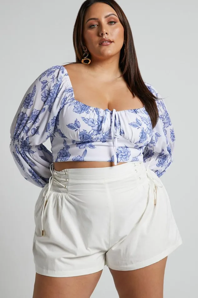 Zonya Top 8211 Tie Front Long Sleeve Blouse In Blue Silhouette Floral Women Showpo Curve Clothes Zonya Top 8211 Tie Front Long Sleeve Blouse In Blue Silhouette Floral Women Showpo Curve Clothes