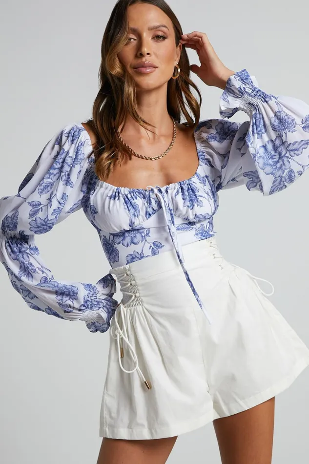 Zonya Top 8211 Tie Front Long Sleeve Blouse In Blue Silhouette Floral Women Showpo Curve Clothes Zonya Top 8211 Tie Front Long Sleeve Blouse In Blue Silhouette Floral Women Showpo Curve Clothes